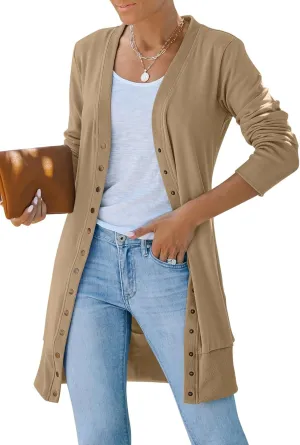 MEROKEETY Women's 2025 Fall Long Sleeve Snap Button Down Solid Color Knit Ribbed Neckline Cardigans