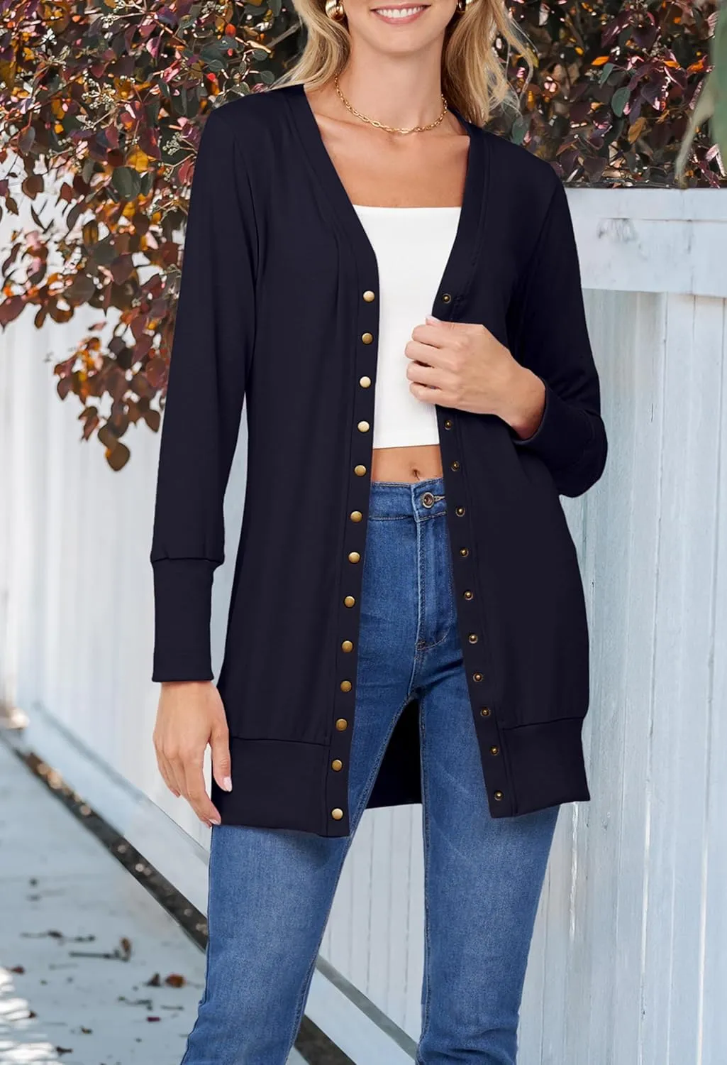 MEROKEETY Women's 2025 Fall Long Sleeve Snap Button Down Solid Color Knit Ribbed Neckline Cardigans