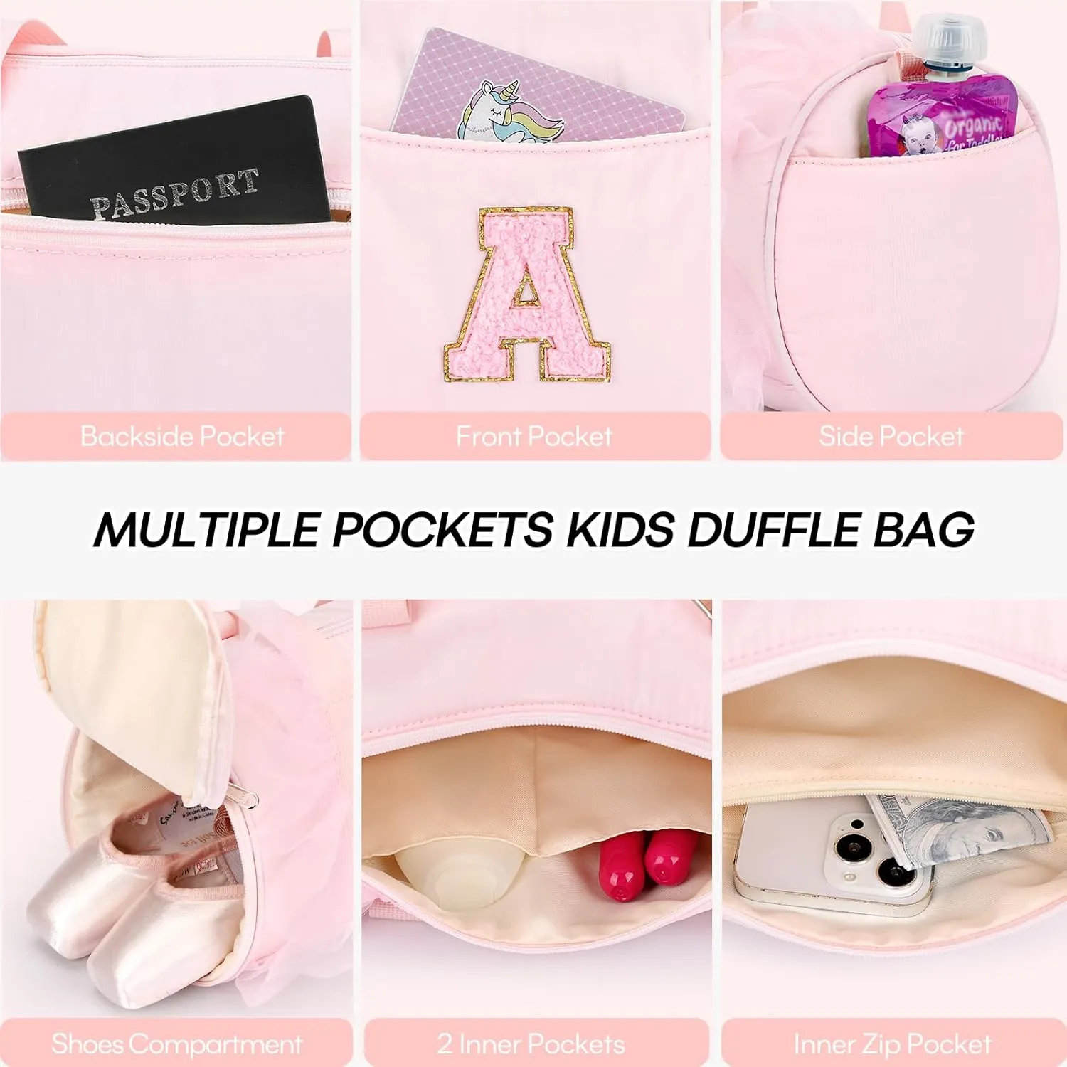 mibasies Dance Bag for Girls 4-6: Kids Duffle Bag - Ballet Bags for Girls 4-6 - Personalized Letter Girls Gifts Pink L