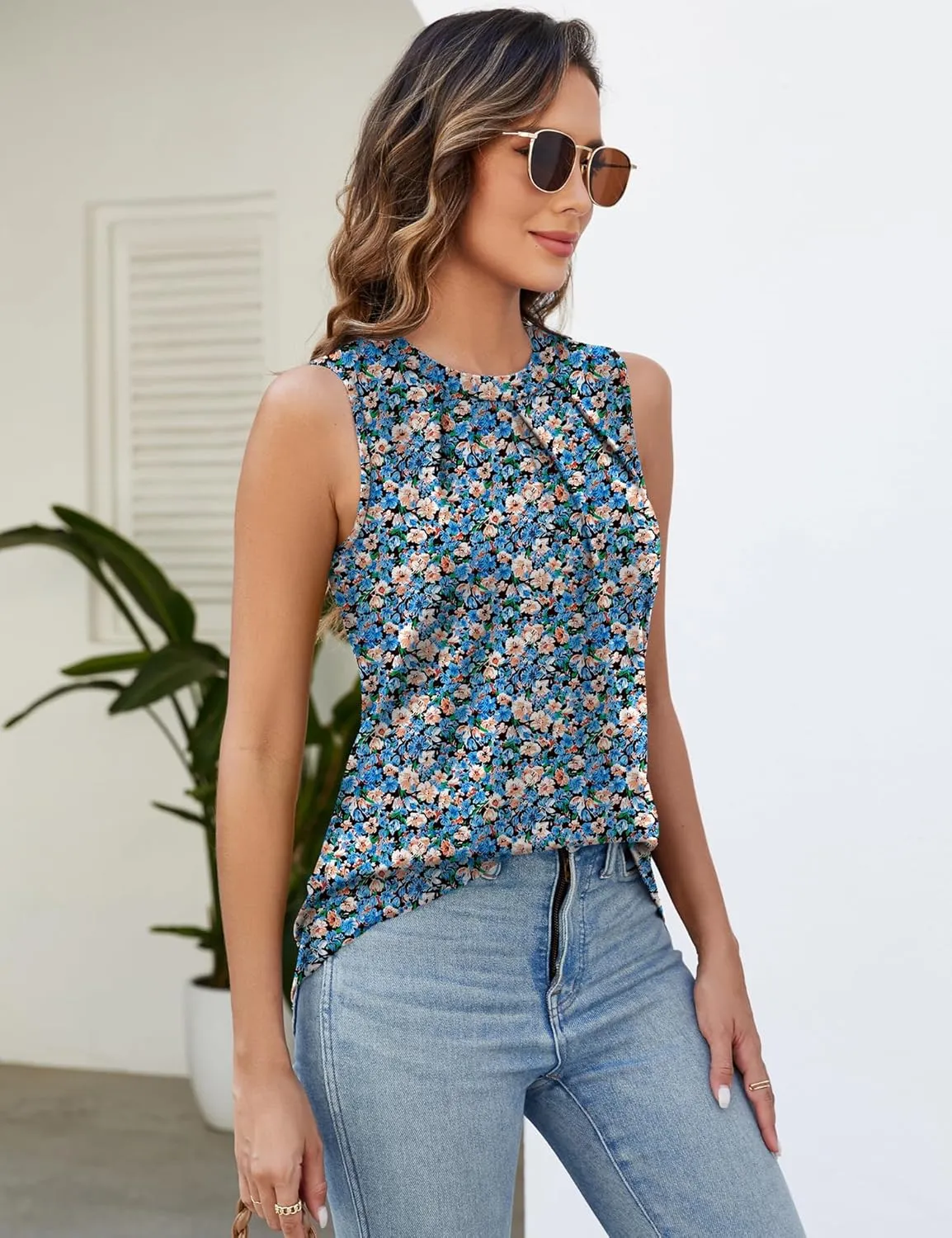 Micoson Women's Tank Tops Round Neck Pleated Sleeveless Shirts Summer Loose Fit Casual Top Business Blouses