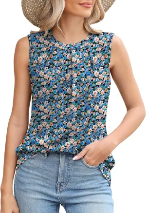 Micoson Women's Tank Tops Round Neck Pleated Sleeveless Shirts Summer Loose Fit Casual Top Business Blouses