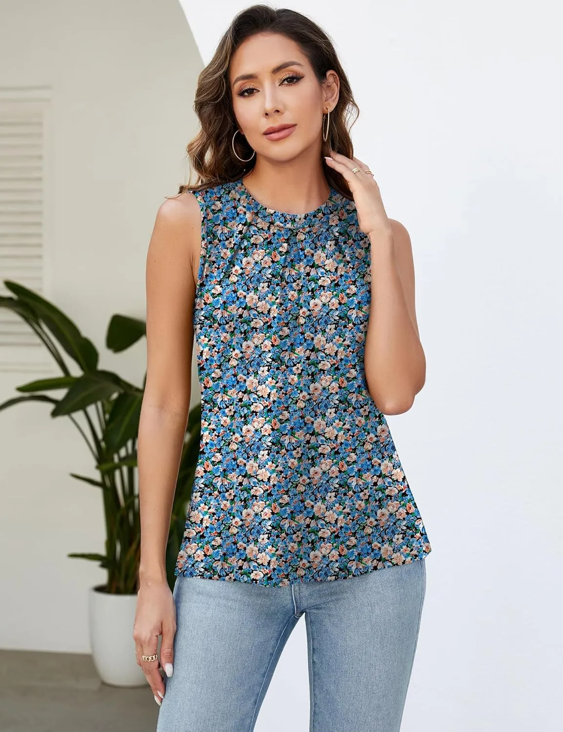 Micoson Women's Tank Tops Round Neck Pleated Sleeveless Shirts Summer Loose Fit Casual Top Business Blouses