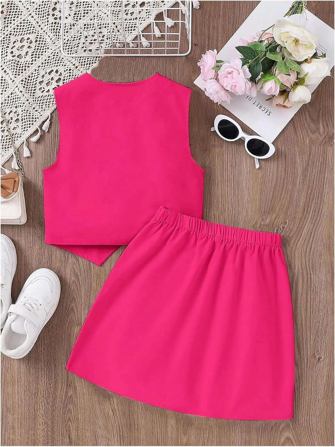 Milumia Girl's 2 Piece Outfits Button Front Blazer Vest and Pleated Skirt Set