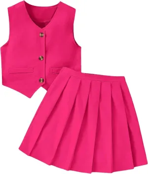 Milumia Girl's 2 Piece Outfits Button Front Blazer Vest and Pleated Skirt Set