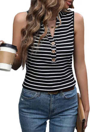 Milumia Women Sleeveless Striped Shirts V Neck Half Button Business Casual Tank Tops
