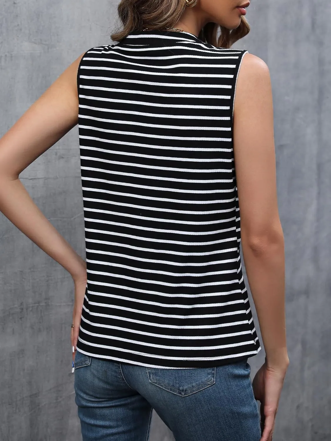 Milumia Women Sleeveless Striped Shirts V Neck Half Button Business Casual Tank Tops