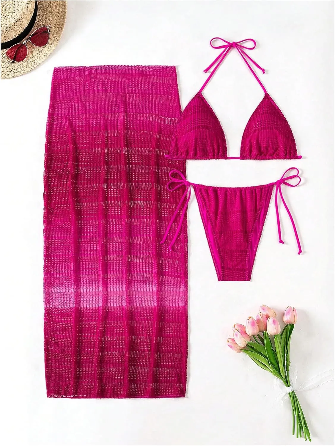 Milumia Women's 3 Piece Swimsuit Triangle Halter Bikini Set Bathing Suits with Coverup Skirt