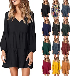 Mini Dresses for Women,2024 Summer Trendy Ruched Ruffle Babydoll Dress,Casual Loose V Neck Long Sleeve Beach Dress