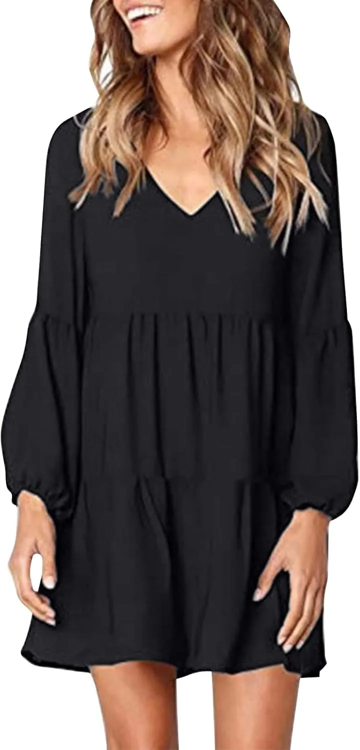 Mini Dresses for Women,2024 Summer Trendy Ruched Ruffle Babydoll Dress,Casual Loose V Neck Long Sleeve Beach Dress