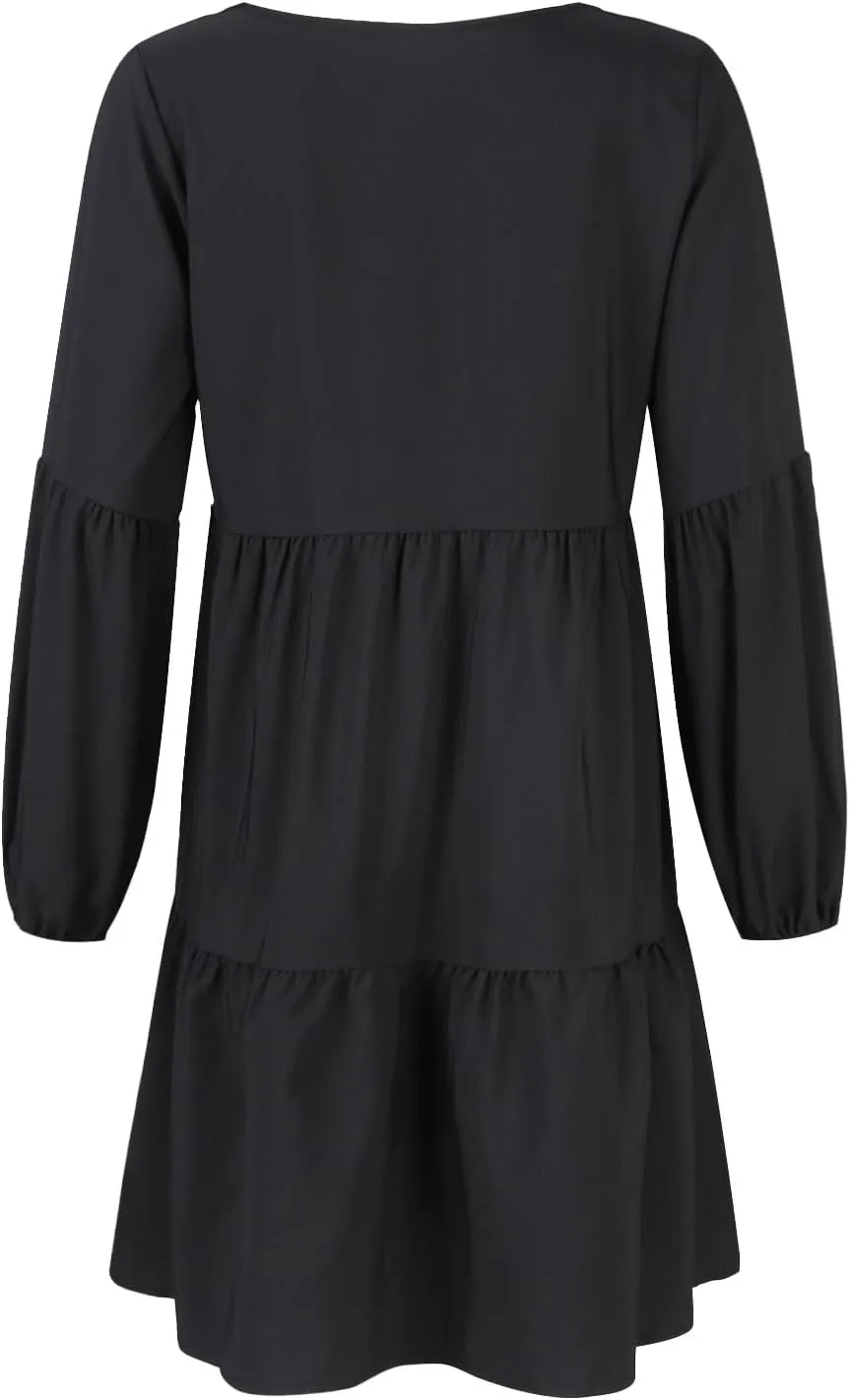 Mini Dresses for Women,2024 Summer Trendy Ruched Ruffle Babydoll Dress,Casual Loose V Neck Long Sleeve Beach Dress