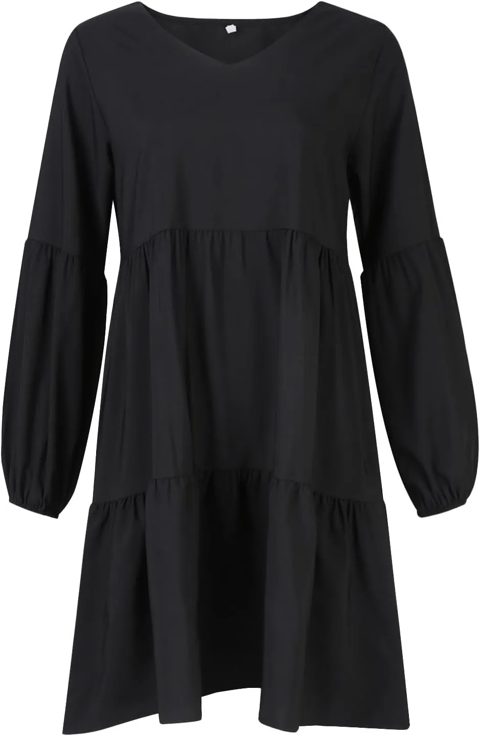 Mini Dresses for Women,2024 Summer Trendy Ruched Ruffle Babydoll Dress,Casual Loose V Neck Long Sleeve Beach Dress