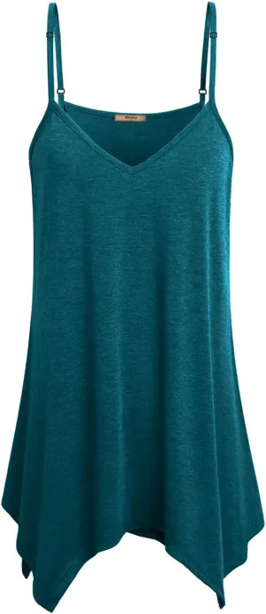 Miusey Womens Handkerchief Hem Sleeveless Flowy Tunic Tops Summer Casual Adjustable Spaghetti Strap Camisoles Long Tank Tops