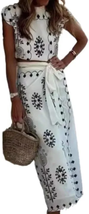 Molilove Women 2 Piece Casual Outfit Print Set Short Sleeve Top High Waist Belted Maxi Skirt Set Trendy Vacation Clothes 2024