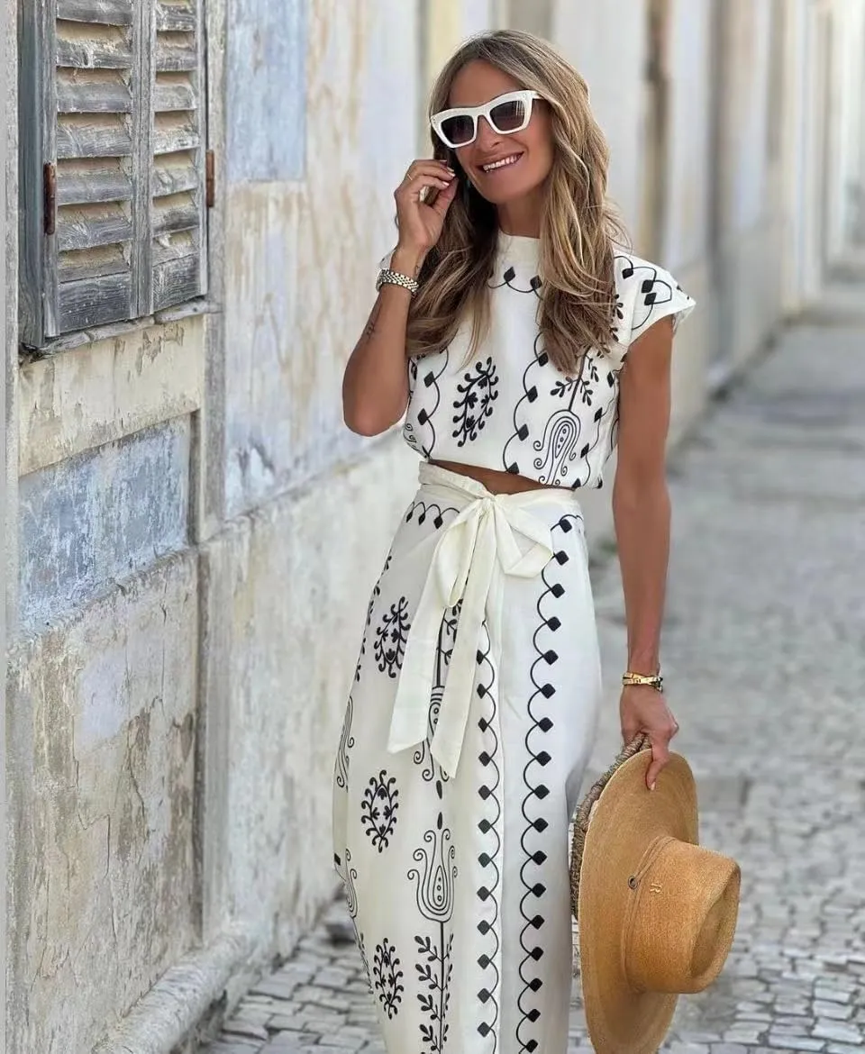 Molilove Women 2 Piece Casual Outfit Print Set Short Sleeve Top High Waist Belted Maxi Skirt Set Trendy Vacation Clothes 2024