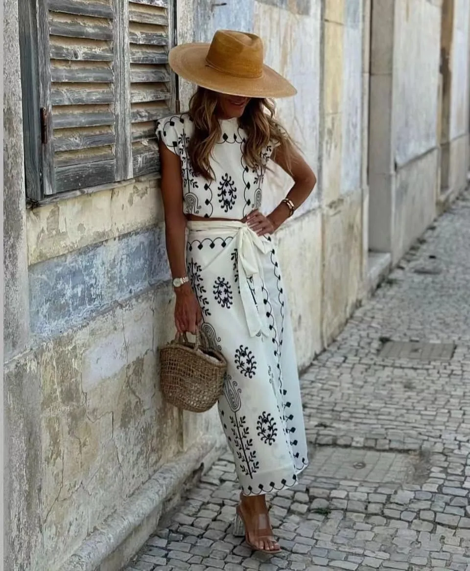 Molilove Women 2 Piece Casual Outfit Print Set Short Sleeve Top High Waist Belted Maxi Skirt Set Trendy Vacation Clothes 2024