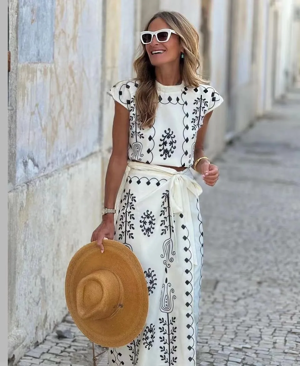 Molilove Women 2 Piece Casual Outfit Print Set Short Sleeve Top High Waist Belted Maxi Skirt Set Trendy Vacation Clothes 2024