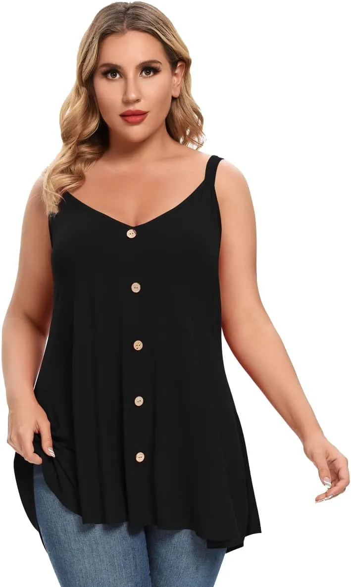 MONNURO Plus Size Camisole V Neck Button Cami Tank Tops Women's Sleeveless T-Shirt Tunics