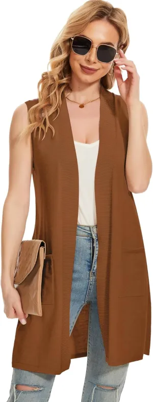 Moss Rose Long Vest for Women Sleeveless Lightweight Open Front Cardigans Ribbed Knit Outwear with Pockets