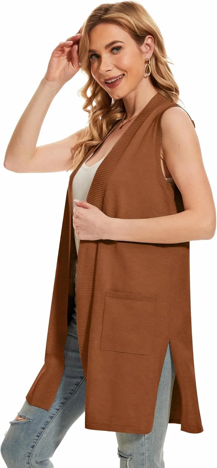 Moss Rose Long Vest for Women Sleeveless Lightweight Open Front Cardigans Ribbed Knit Outwear with Pockets