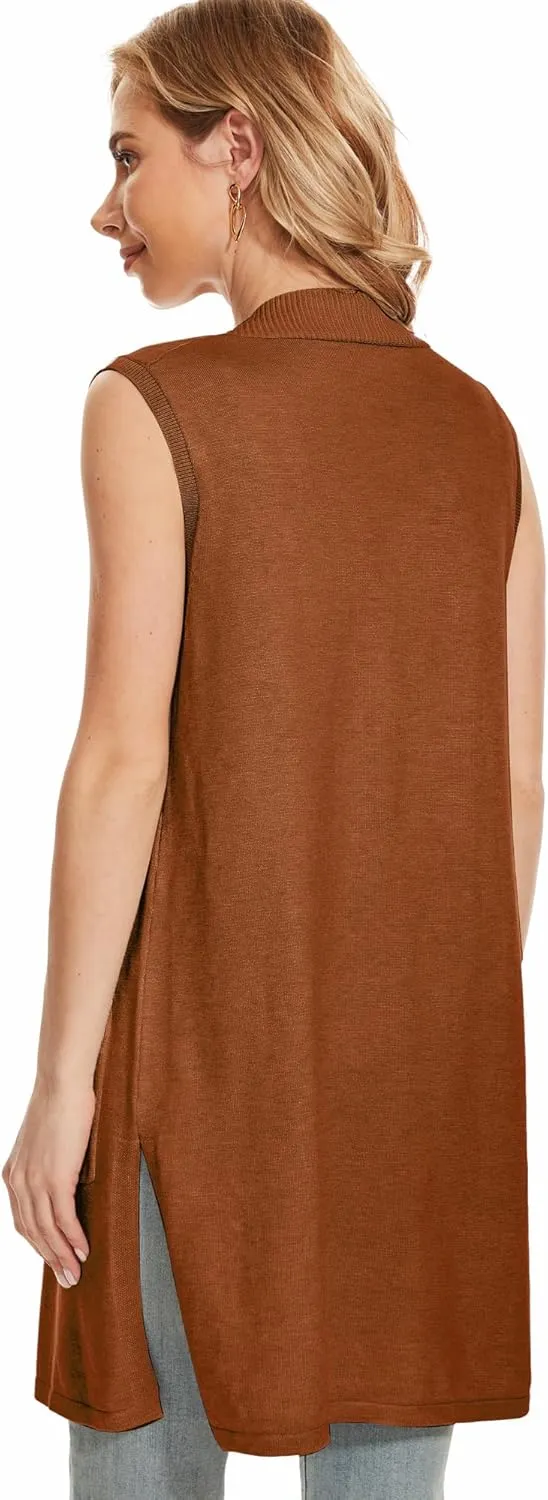 Moss Rose Long Vest for Women Sleeveless Lightweight Open Front Cardigans Ribbed Knit Outwear with Pockets