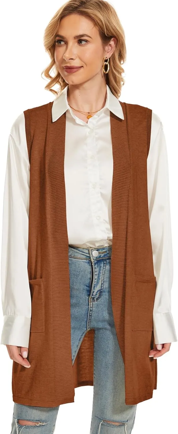 Moss Rose Long Vest for Women Sleeveless Lightweight Open Front Cardigans Ribbed Knit Outwear with Pockets
