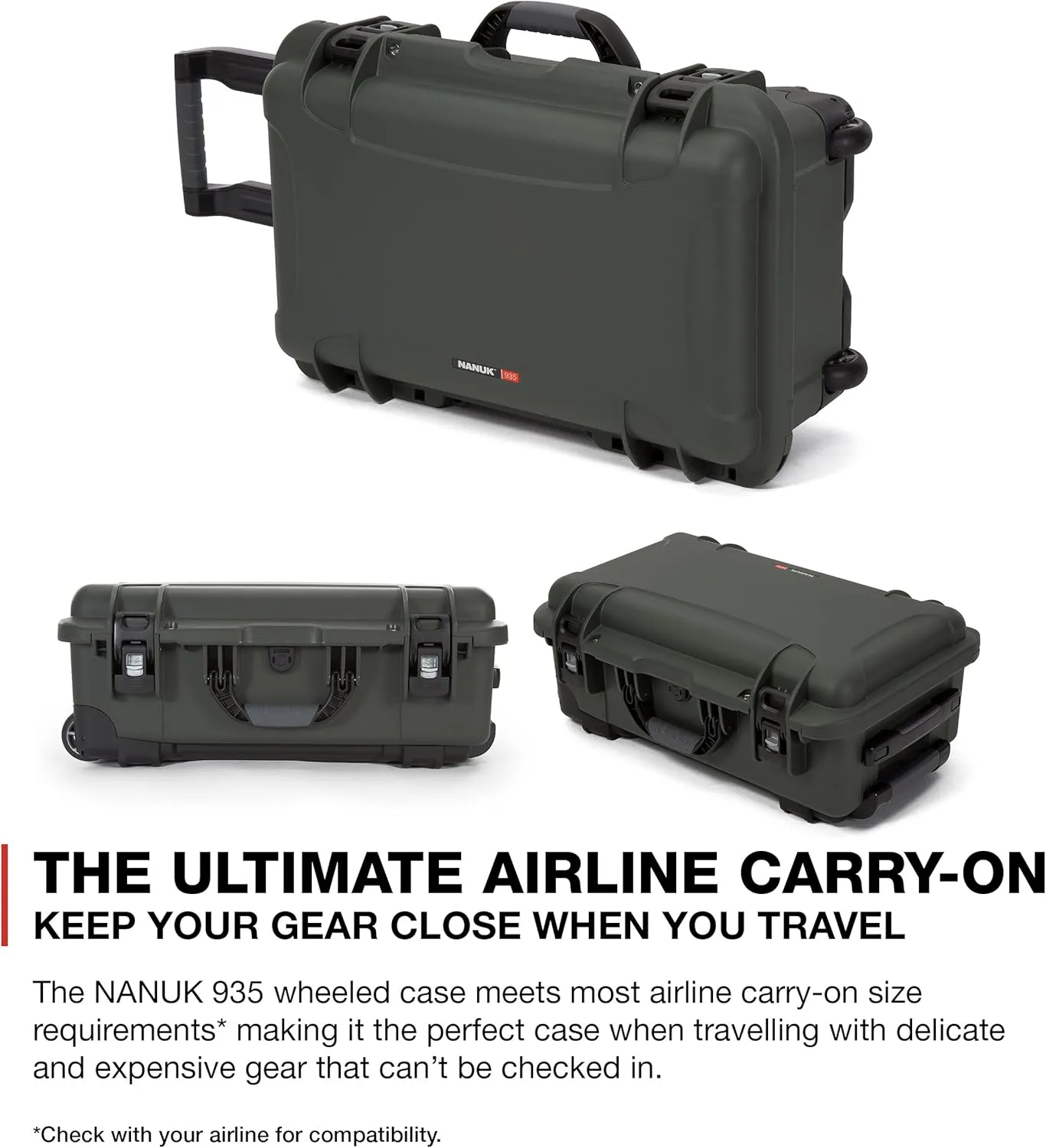 NANUK Wheeled Series 935 Lightweight NK-7 Resin Waterproof Protective Case and Padded Divider - Olive