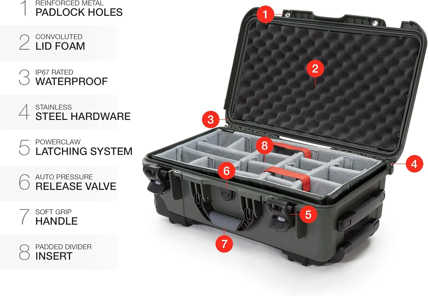 NANUK Wheeled Series 935 Lightweight NK-7 Resin Waterproof Protective Case and Padded Divider - Olive