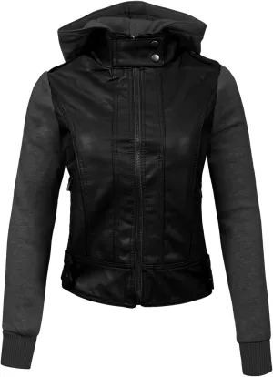 NE PEOPLE Women's Fitted Solid Basic Mixed Media Faux Leather Jacket Zip Up Moto