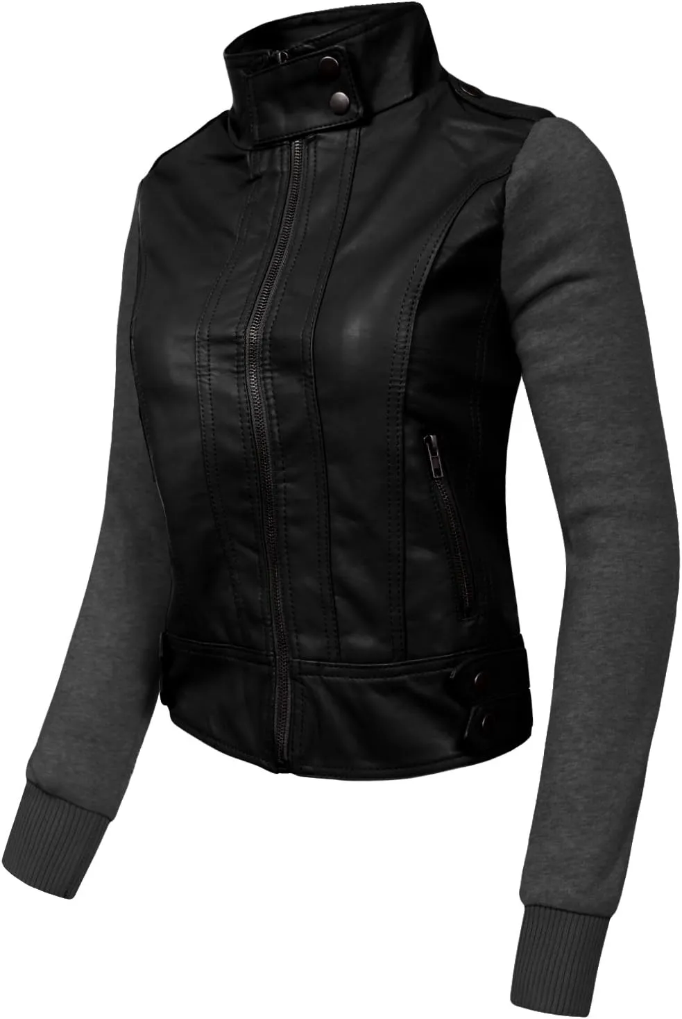 NE PEOPLE Women's Fitted Solid Basic Mixed Media Faux Leather Jacket Zip Up Moto