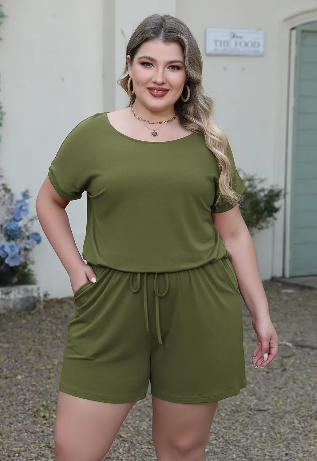 Nemidor Plus Size Rompers for Curvy Women Casual Summer One Piece Short Sleeve Loose Elastic Waist Jumpsuit with Pocket