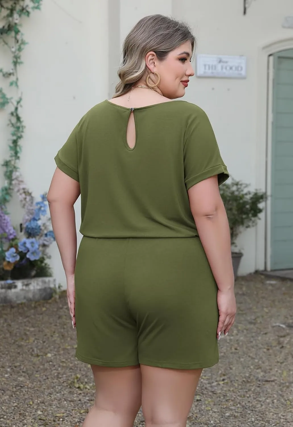 Nemidor Plus Size Rompers for Curvy Women Casual Summer One Piece Short Sleeve Loose Elastic Waist Jumpsuit with Pocket
