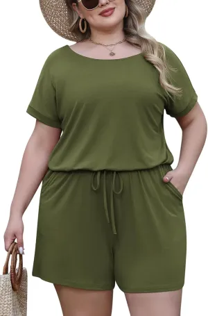 Nemidor Plus Size Rompers for Curvy Women Casual Summer One Piece Short Sleeve Loose Elastic Waist Jumpsuit with Pocket