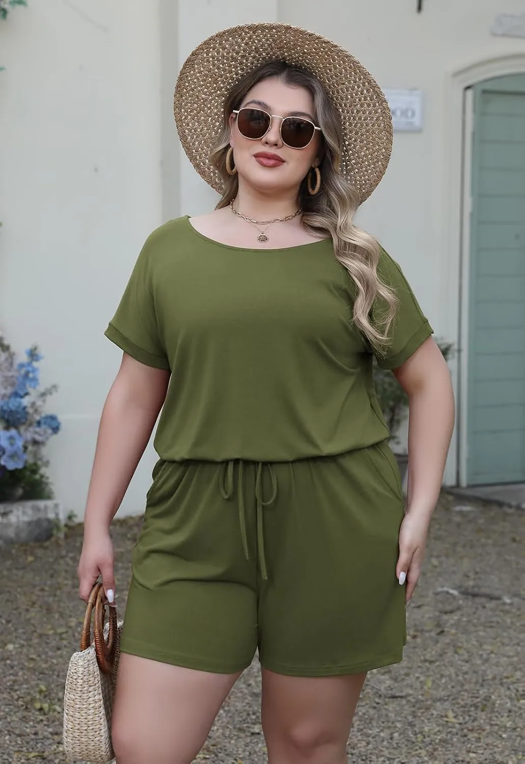 Nemidor Plus Size Rompers for Curvy Women Casual Summer One Piece Short Sleeve Loose Elastic Waist Jumpsuit with Pocket