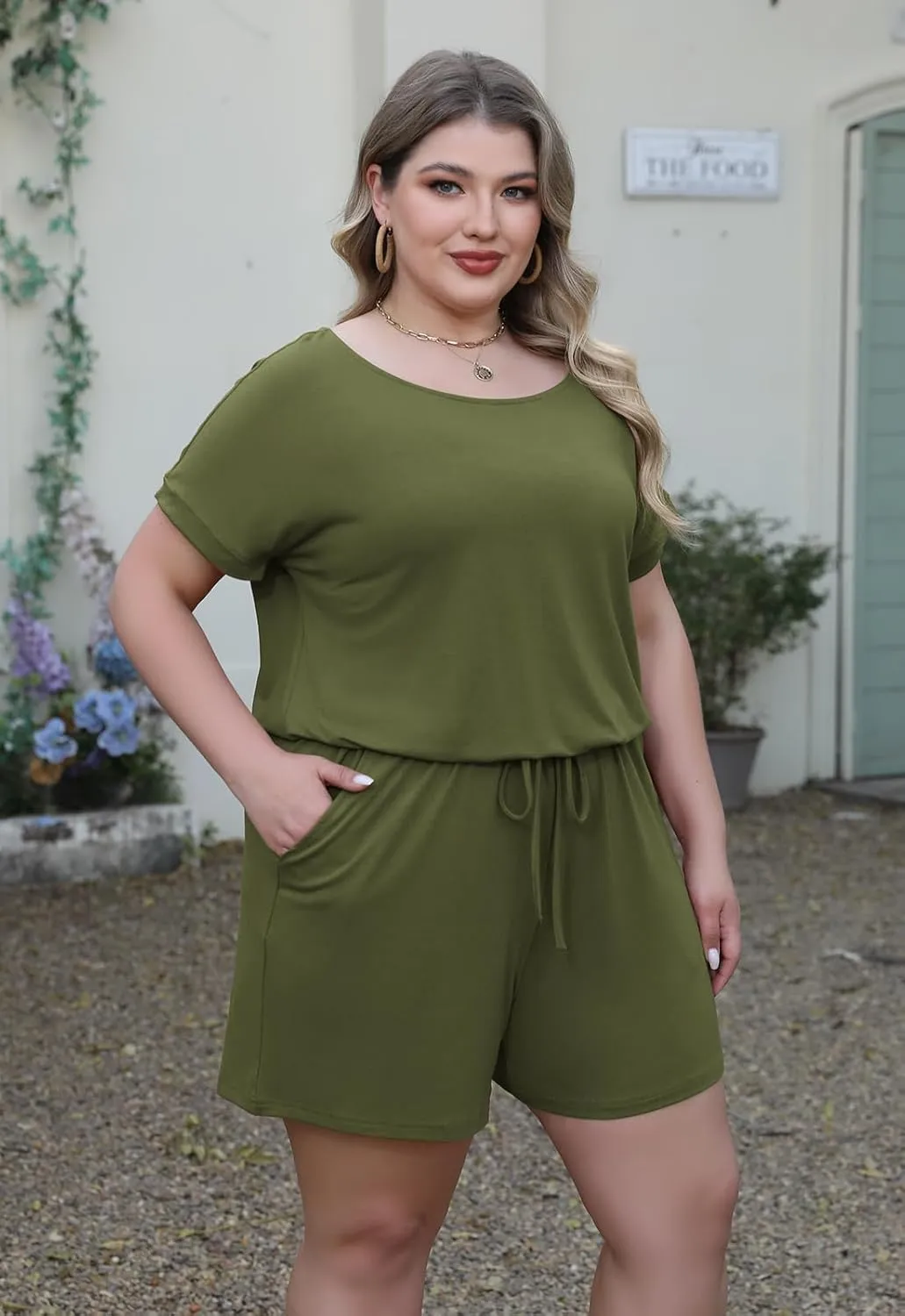 Nemidor Plus Size Rompers for Curvy Women Casual Summer One Piece Short Sleeve Loose Elastic Waist Jumpsuit with Pocket