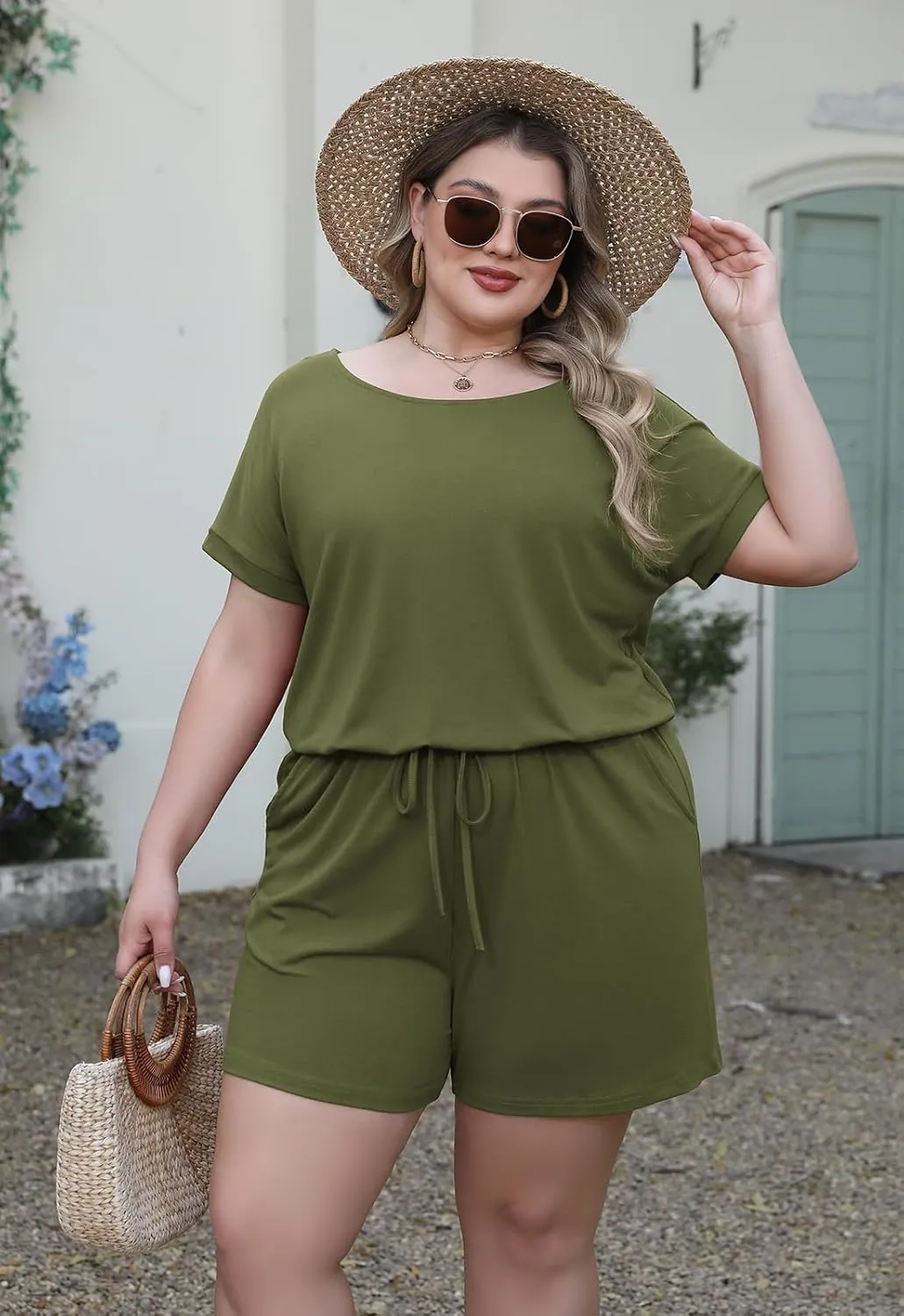 Nemidor Plus Size Rompers for Curvy Women Casual Summer One Piece Short Sleeve Loose Elastic Waist Jumpsuit with Pocket