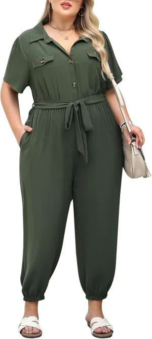 Nemidor Womens Plus Size Summer Jumpsuit Casual Dressy One Piece Outfits Long Pants Romper with Belt and Pocket 16-26