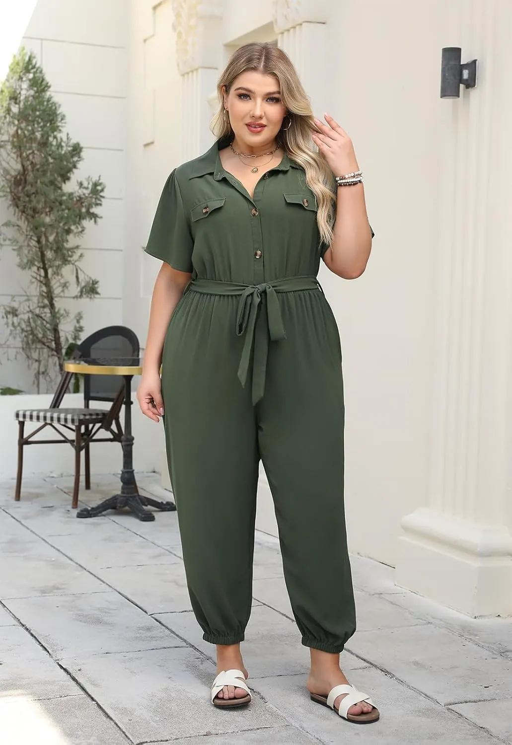 Nemidor Womens Plus Size Summer Jumpsuit Casual Dressy One Piece Outfits Long Pants Romper with Belt and Pocket 16-26
