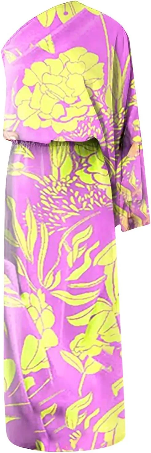 One Shoulder Dresses for Women,2024 Summer Trendy Batwing Sleeve Party Dress,Vintage Graphic Flowy Wedding Guest Dress