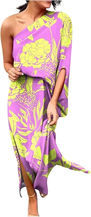One Shoulder Dresses for Women,2024 Summer Trendy Batwing Sleeve Party Dress,Vintage Graphic Flowy Wedding Guest Dress