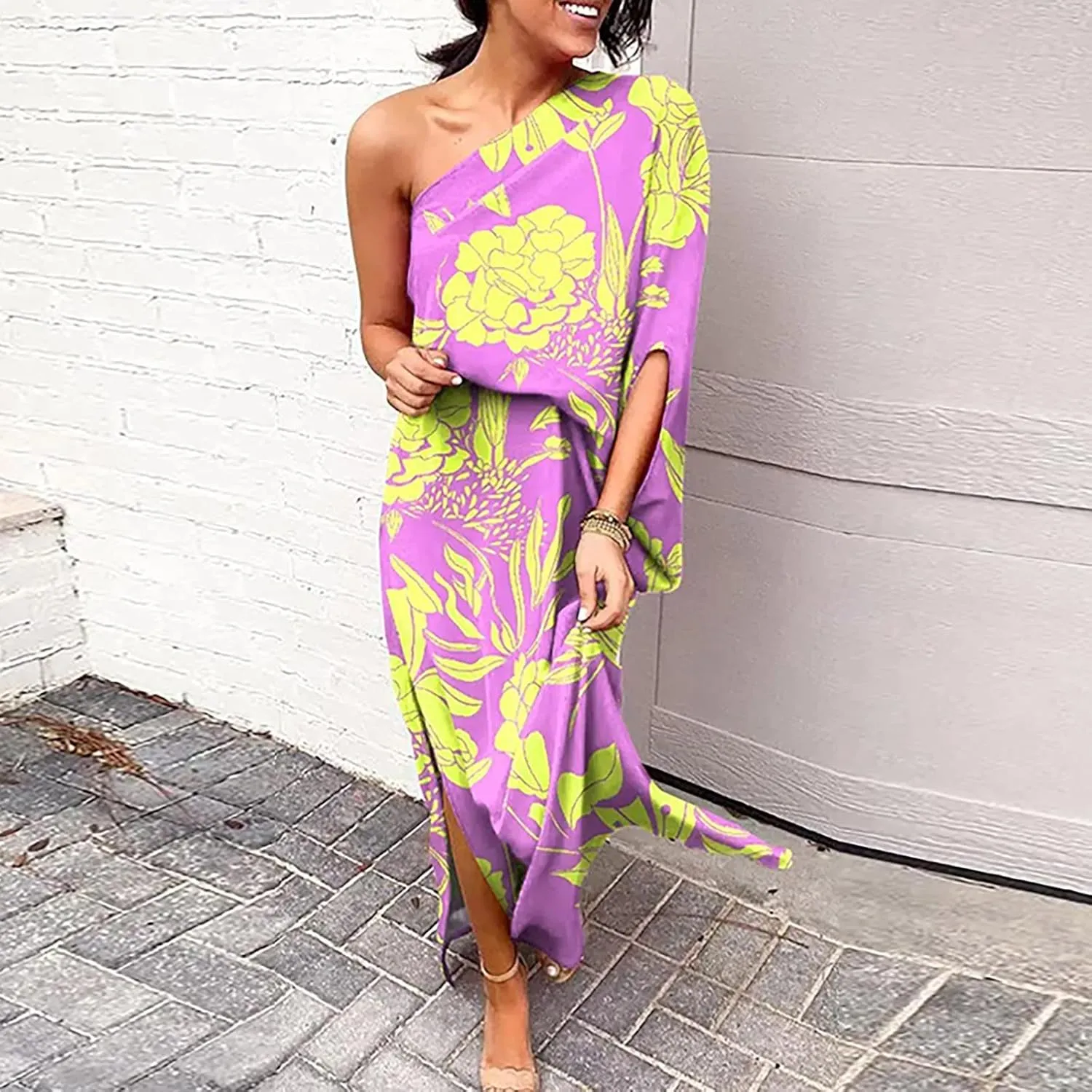 One Shoulder Dresses for Women,2024 Summer Trendy Batwing Sleeve Party Dress,Vintage Graphic Flowy Wedding Guest Dress