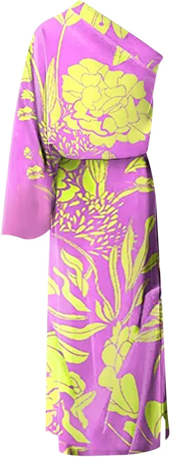 One Shoulder Dresses for Women,2024 Summer Trendy Batwing Sleeve Party Dress,Vintage Graphic Flowy Wedding Guest Dress