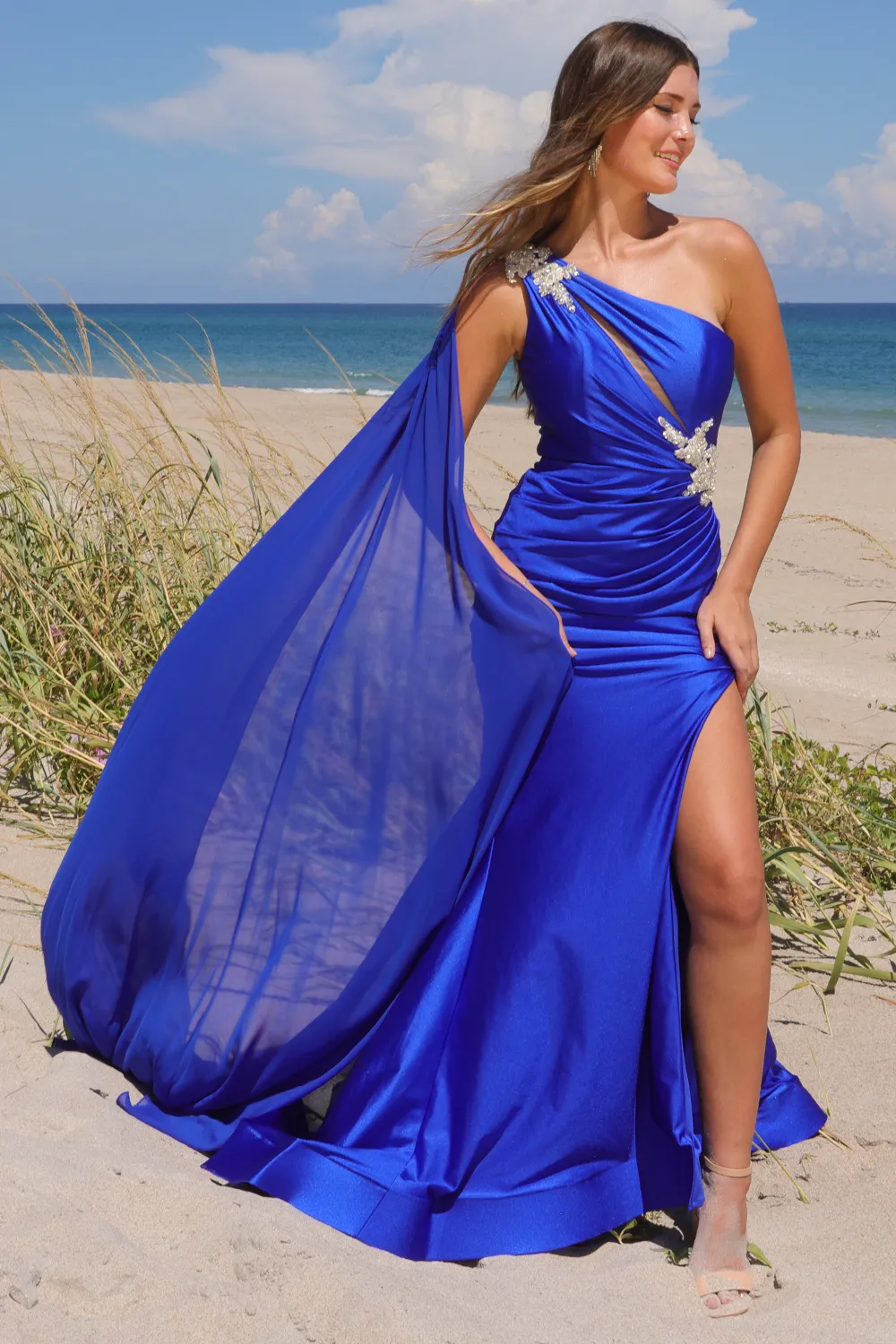One Shoulder Sheath Jewel Embellished Maxi Gala Dress w/ Side Cape & Front Keyhole AC7056