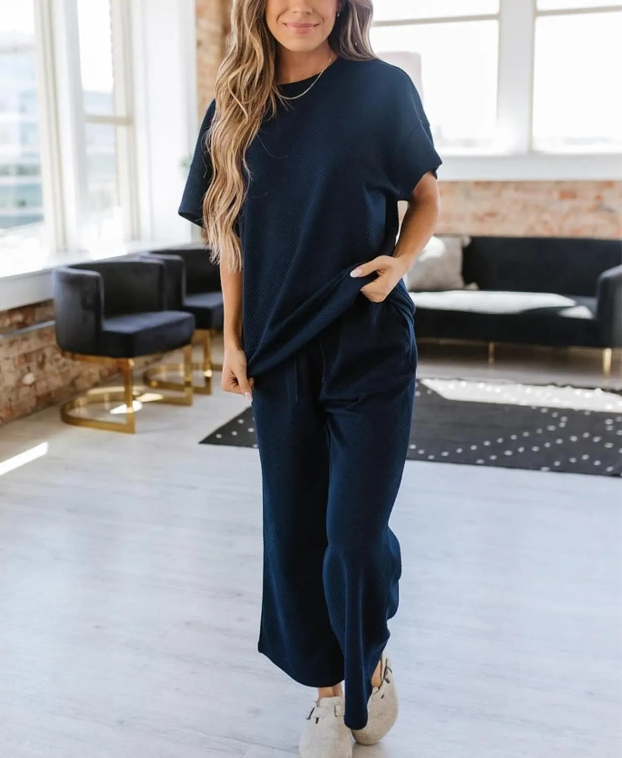 OPCAKM Women's 2 Piece Textured Sweatsuit Knit Short Sleeve Pullover Top Wide Leg Pant Tracksuit Set