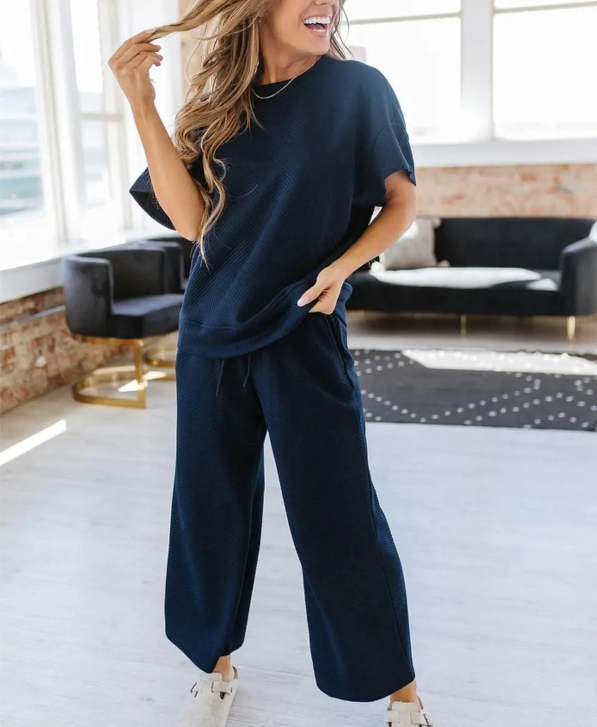 OPCAKM Women's 2 Piece Textured Sweatsuit Knit Short Sleeve Pullover Top Wide Leg Pant Tracksuit Set