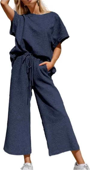 OPCAKM Women's 2 Piece Textured Sweatsuit Knit Short Sleeve Pullover Top Wide Leg Pant Tracksuit Set