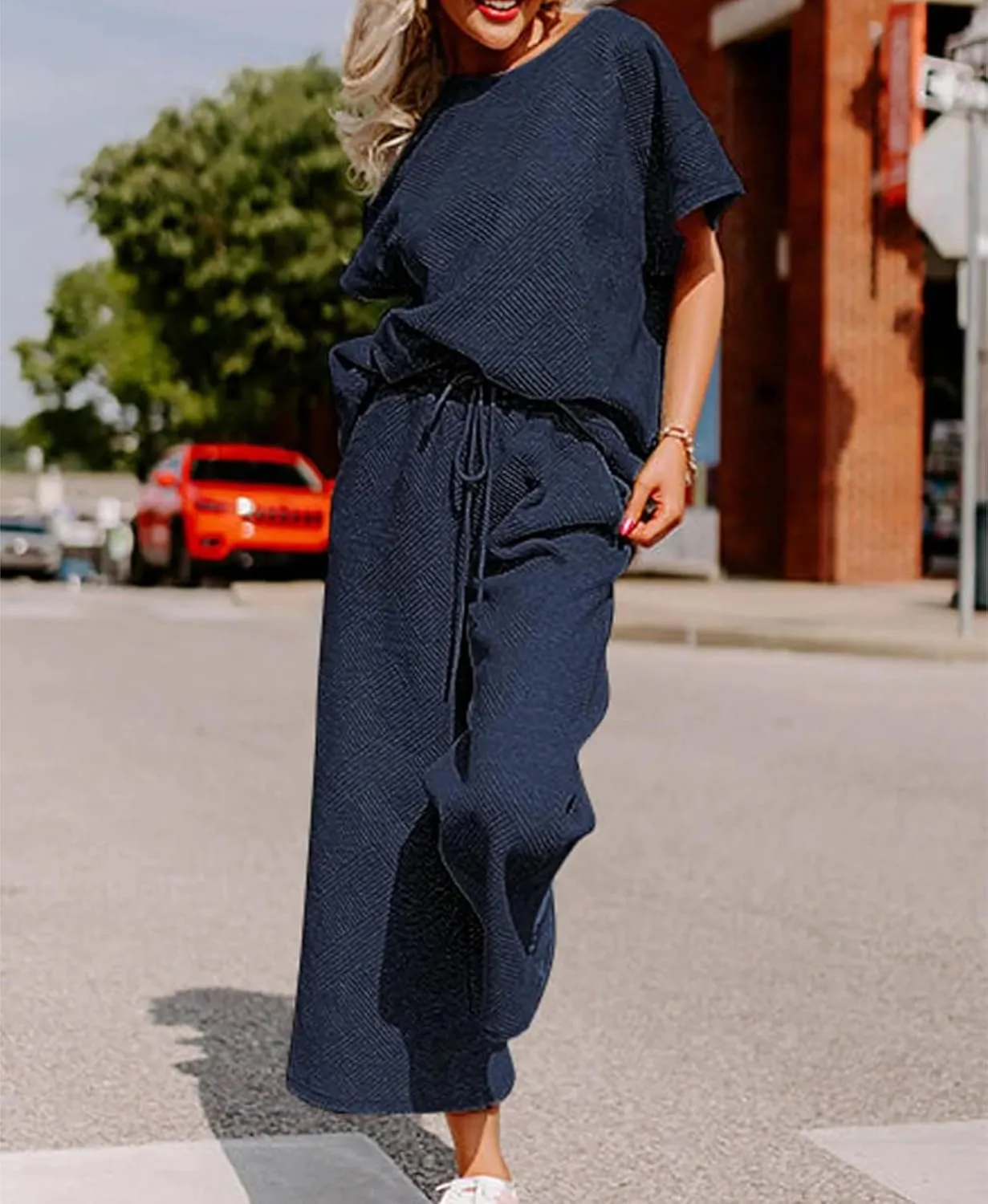 OPCAKM Women's 2 Piece Textured Sweatsuit Knit Short Sleeve Pullover Top Wide Leg Pant Tracksuit Set