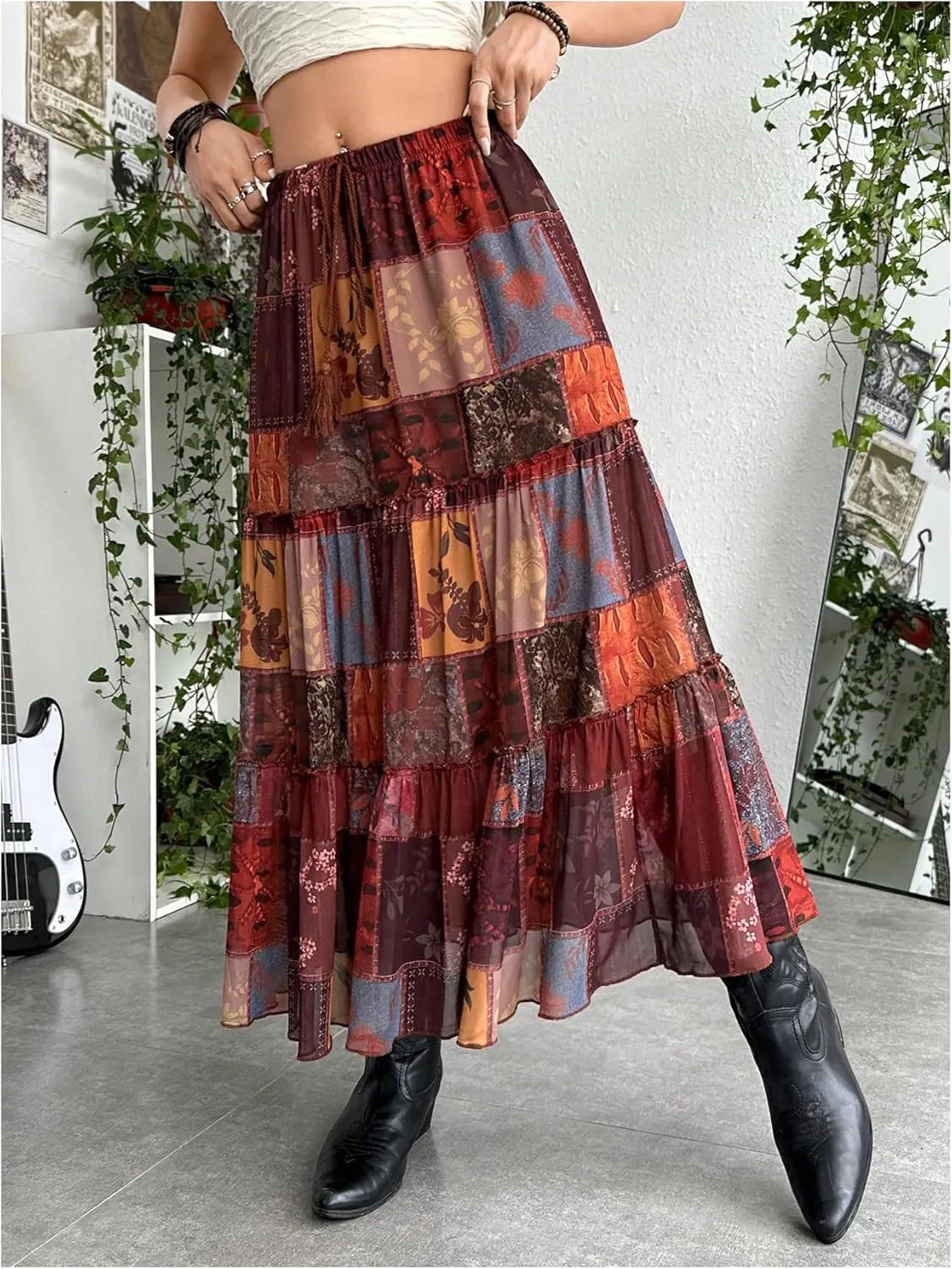 OYOANGLE Women's Boho Color Block Graphic Elastic Ruffle Layer Hem Flowy Long Maxi Skirt Fairy Grunge Skirts