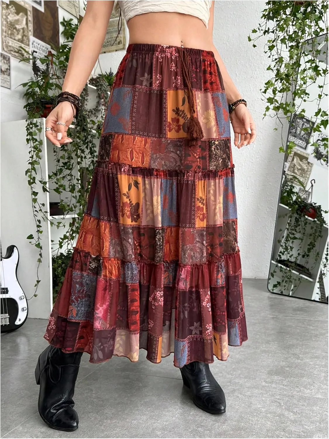OYOANGLE Women's Boho Color Block Graphic Elastic Ruffle Layer Hem Flowy Long Maxi Skirt Fairy Grunge Skirts