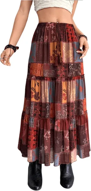 OYOANGLE Women's Boho Color Block Graphic Elastic Ruffle Layer Hem Flowy Long Maxi Skirt Fairy Grunge Skirts