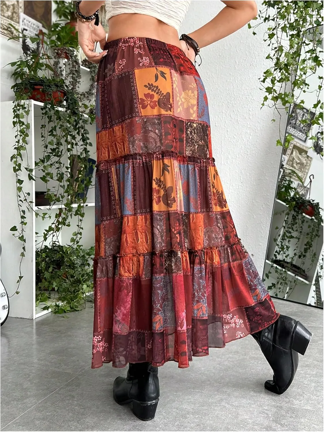 OYOANGLE Women's Boho Color Block Graphic Elastic Ruffle Layer Hem Flowy Long Maxi Skirt Fairy Grunge Skirts
